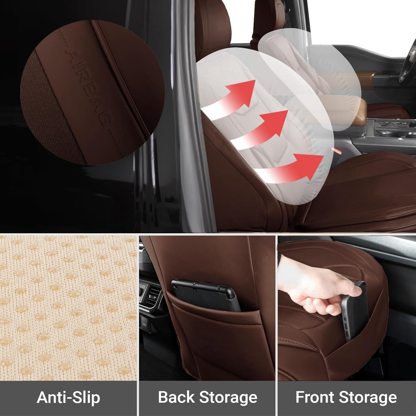 Coverland Custom Car Seat Covers Compatible with F150, Frontier, Sierra, Silverado 2500HD - Premium Leather Non-Slip Waterproof Interior Protector Front Seat-Dark Brown [See Size Chart-Size A12]