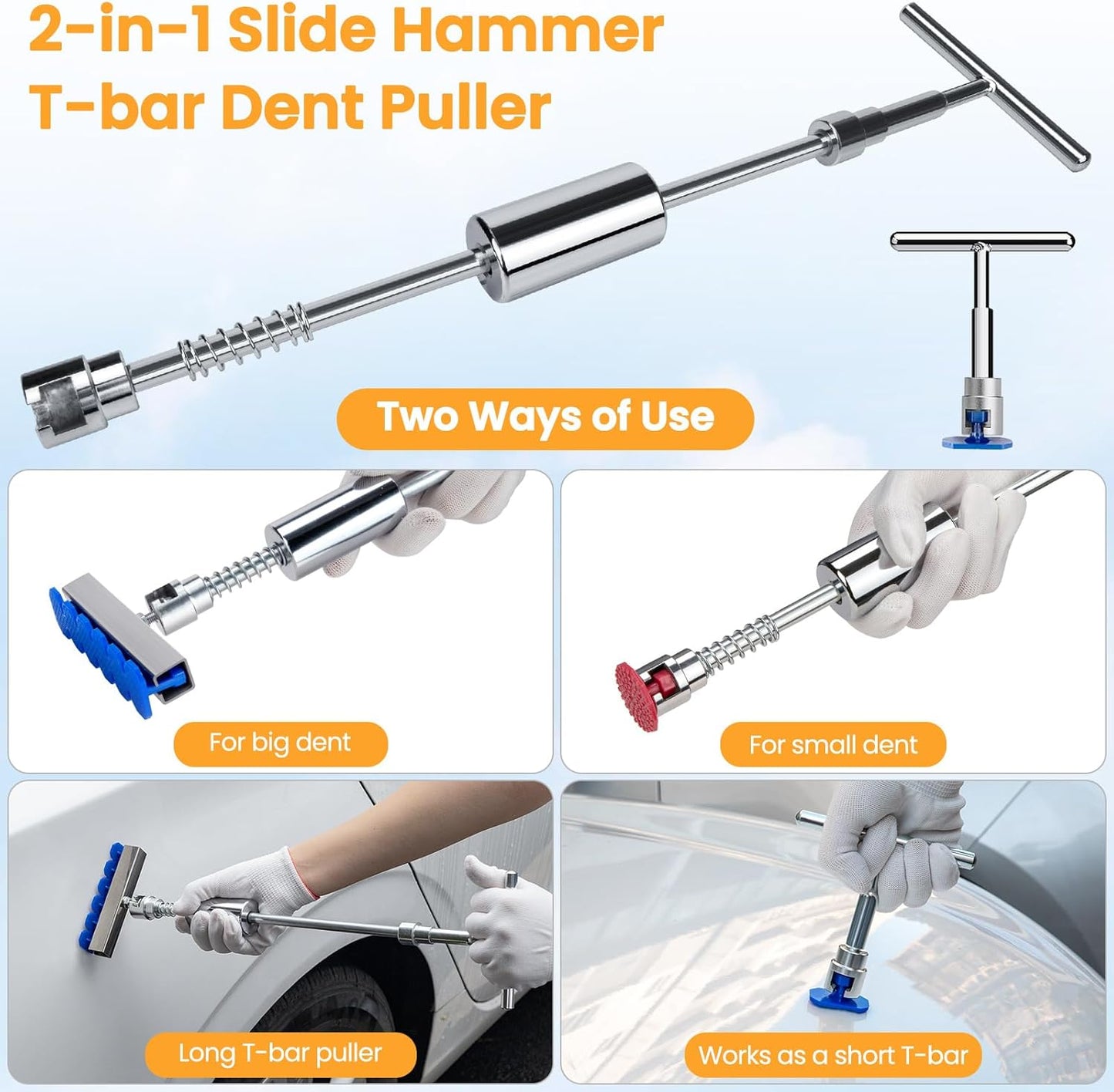 134PCS Dent Puller, Paintless Dent Removal Kit – All-in-One Car Dent Puller Kit with Slide Hammer 2 in 1 T-Bar, Golden Lifter, Bridge Puller–Dent Repair for Hail, Dings