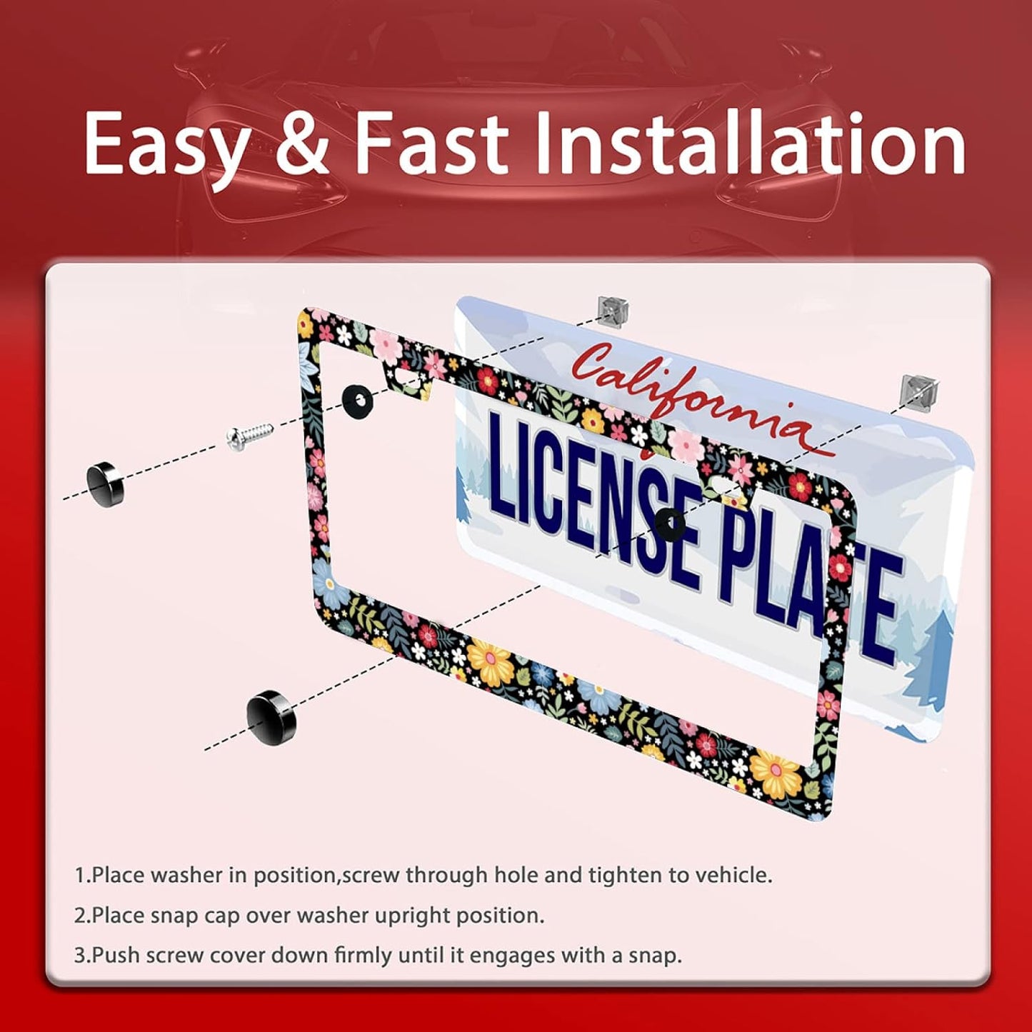 2Pcs Colorful Floral Flowers License Plate Frame Personalise Cute License Plate Frames Car License Plate Accessories Screws Decor for Standard Us Canada License Plate Holder 12"x6"