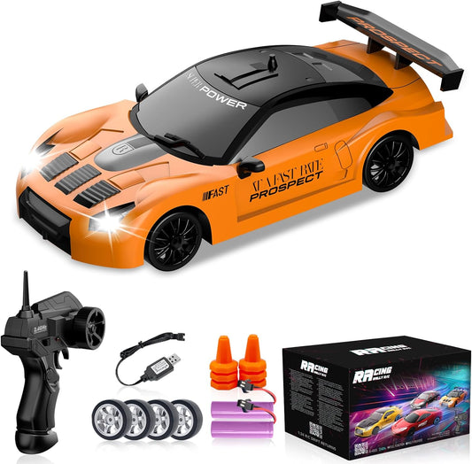 RC Drift Car 1/24 2.4GHz Remote Control Car 4WD High Speed Drifting RC Cars with LED Light, Two Batteries and Drift Tires Racing Toy Cars for Boys Girls Kids Adults (Orange)