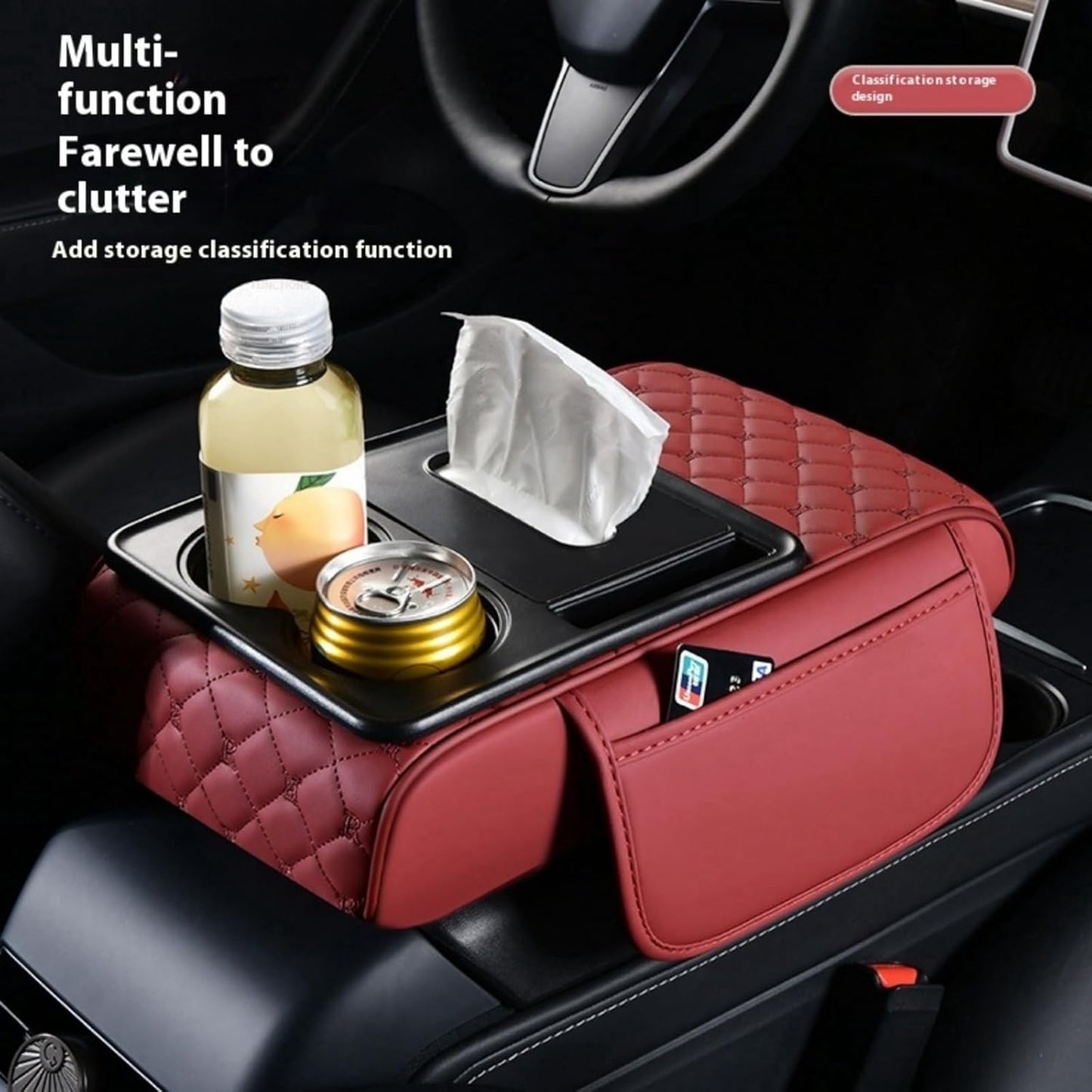 5-In-1 Center Console Cover Organizer with Cup Holder, Storage Pocket, Tissue Box, Armrest Cover Cushion Pad for Car, Grid, Black
