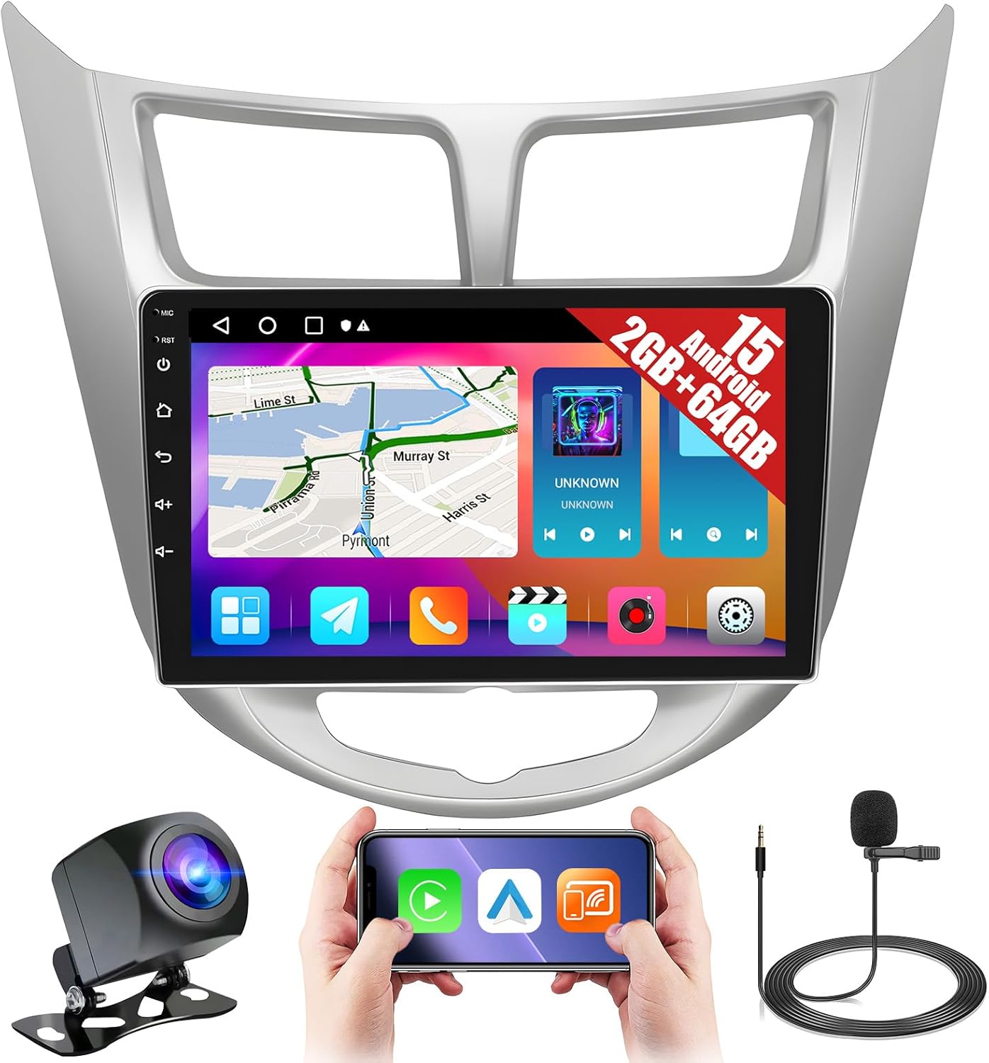 [2+64GB] Android 15 Car Stereo for Hyundai Accent 2010-2016 with Wireless CarPlay Android Auto, 9 Inch Touch Screen Car Radio for Accent with GPS WiFi, Bluetooth FM/RDS EQ 26UI AHD Rear Camera