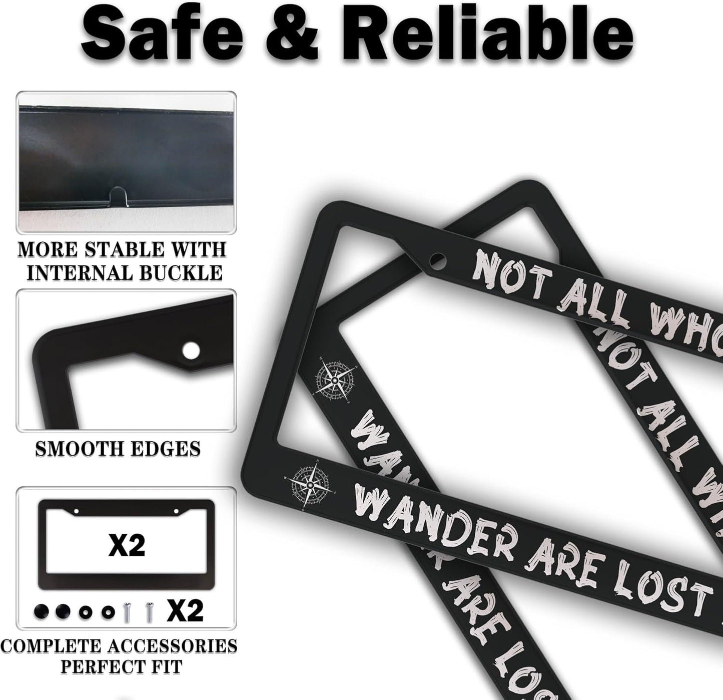 License Plate Holder Black and White License Plate Frames Not All Who Wander are Lost Universal Aluminum Car Accessory 2 Pack with Screw Covers Set