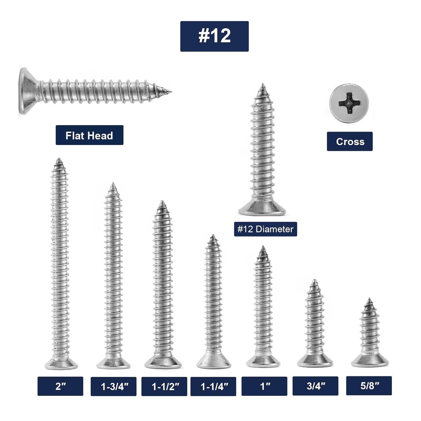 #12 x 1-1/4" Wood Screw 100Pcs 18-8 (304) Stainless Steel Screws Flat Head Phillips Fast Self Tapping Drywall Screws by SG TZH