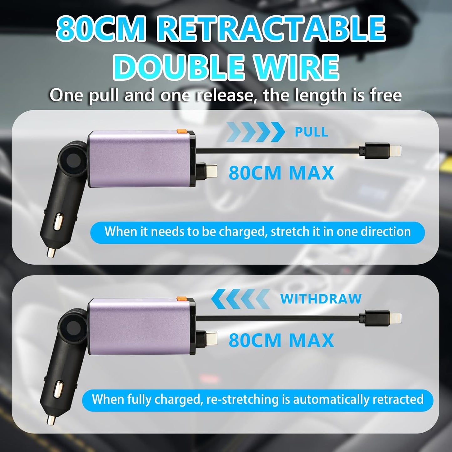 Retractable Car Charger,5 in 1 Fast Cars Phone Charger 60w,Bluetooth 5.3 FM Transmitter Adapter,Handsfree Call,MP3 Player,2 Retractable Cables and USB Chargers, for Phone,Galaxy,Pixel (Purple)