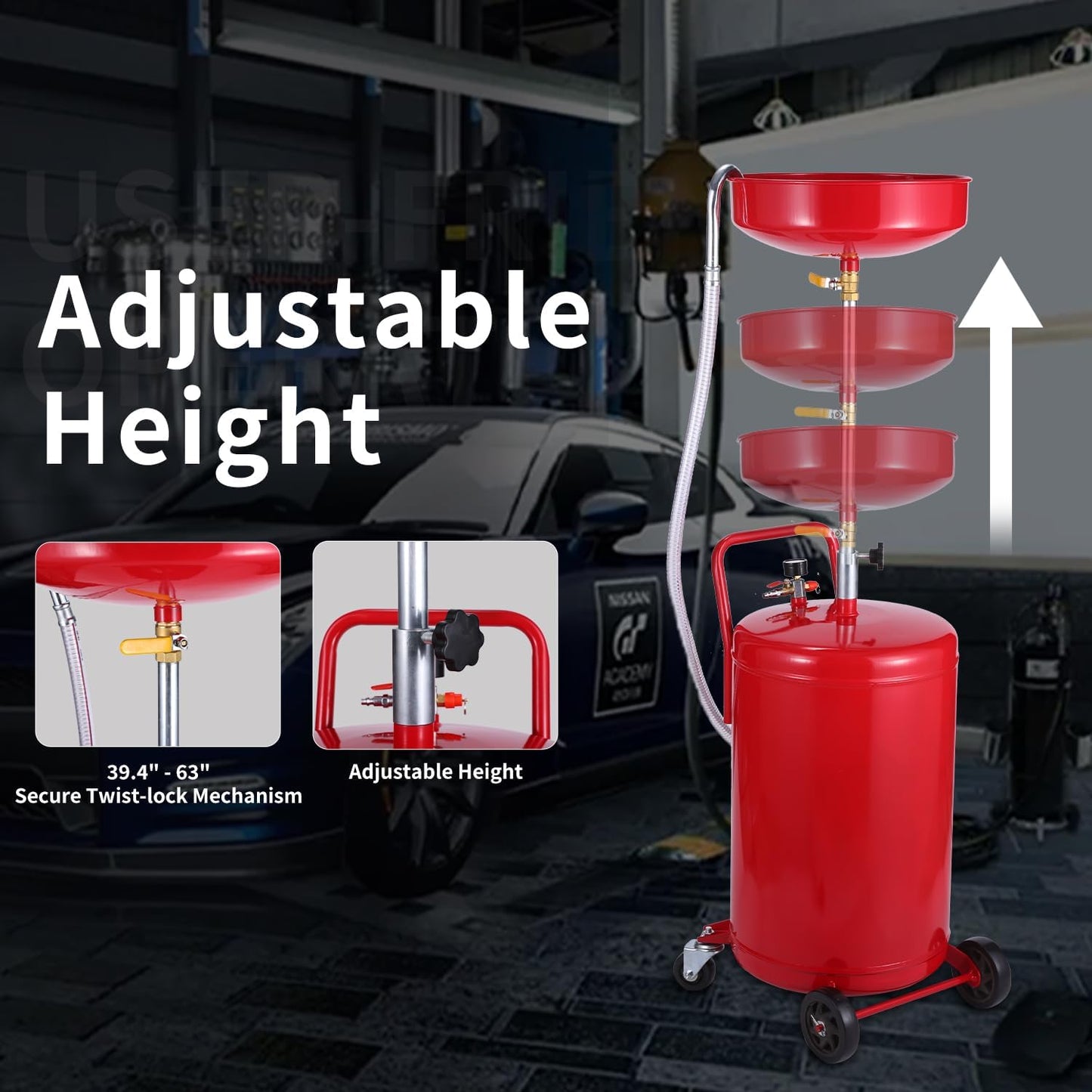 XtremepowerUS 20 Gallon Portable Waste Oil Drain Tank Air Operated Drainage Adjustable Funnel Height with Wheel, Red