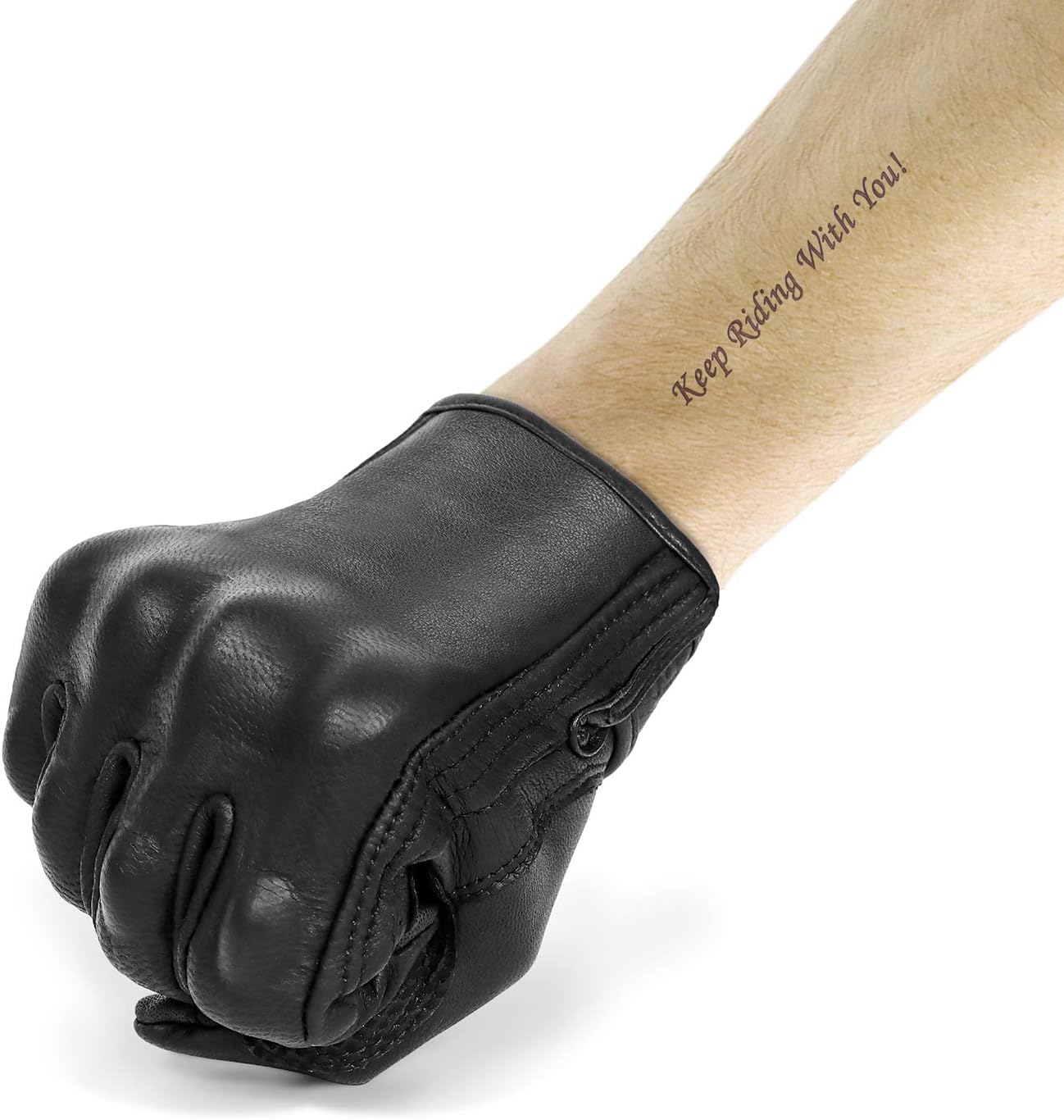 Updated Full Finger Leather Motorcycle Gloves Phone Touch Goat Skin Black Motorbike Riding Gloves (Updated,Non-Perforated, L)