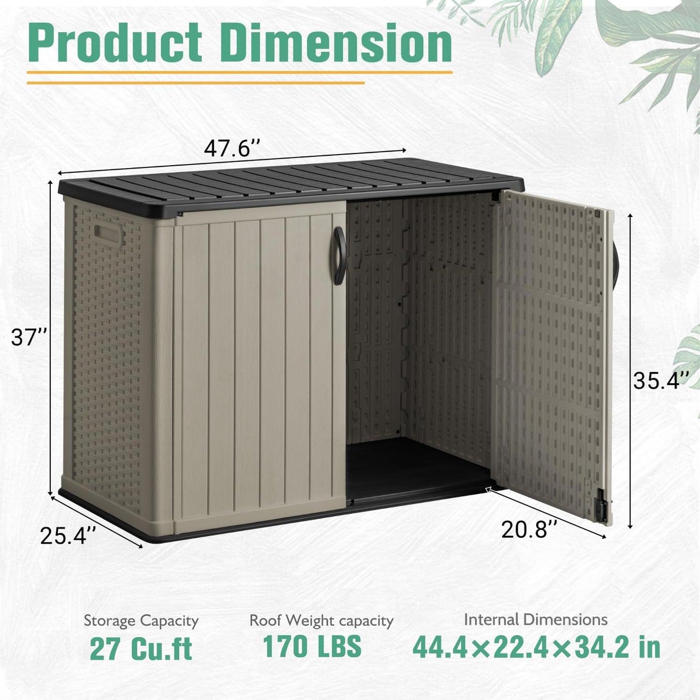 Greesum Outdoor Horizontal Storage Sheds 27 Cu.ft Resin Large Storaged Box Weather Resistance, Without Shelf, Easy to Assemble, Prefect for Garden, Patios, Backyards, Beige