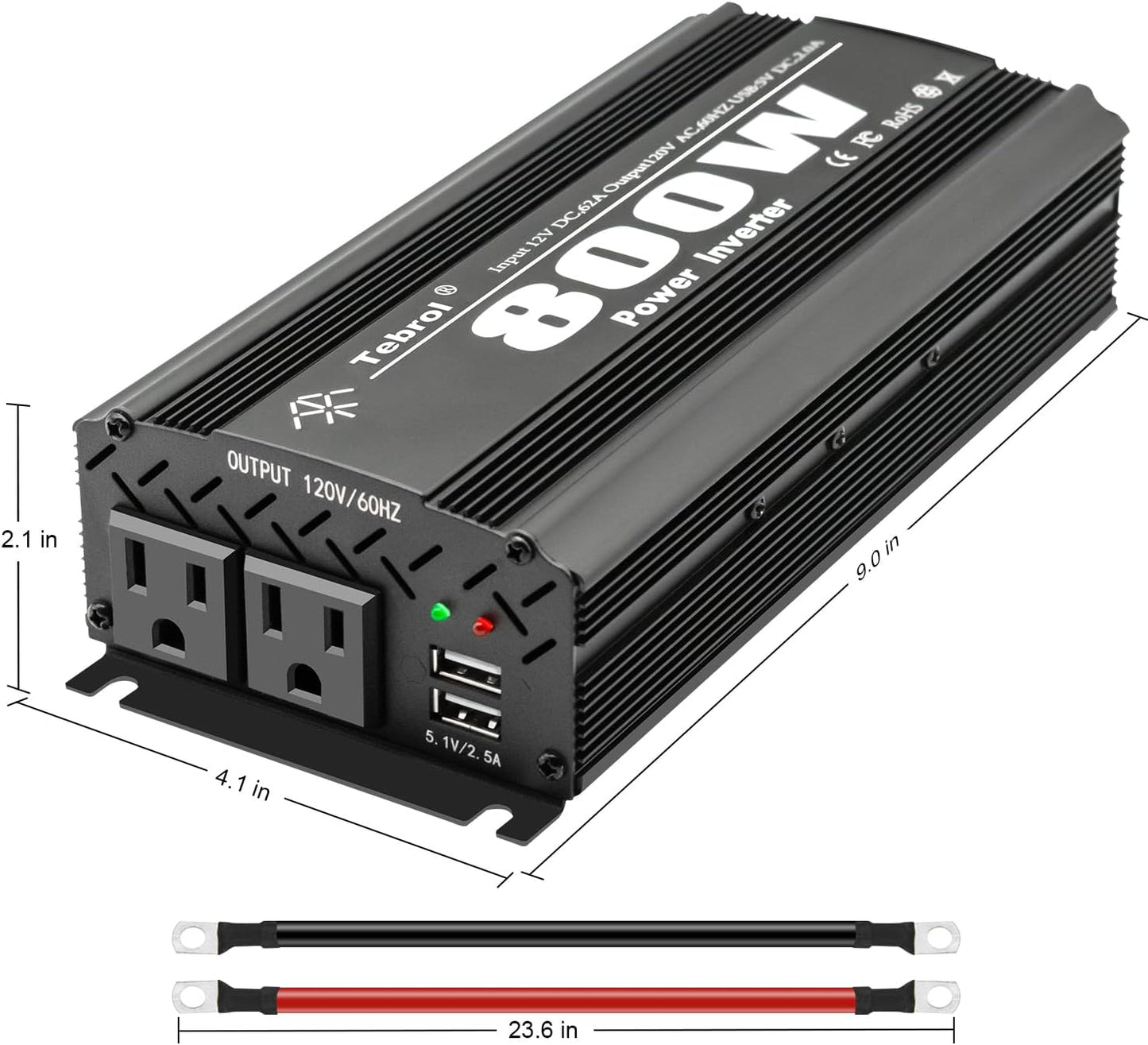 800W Power Inverter DC 12V to AC(2 Outlets) 110V Car Inverter Adapter Converter with 2.1A Dual USB Charging Ports for RV Camping Travel