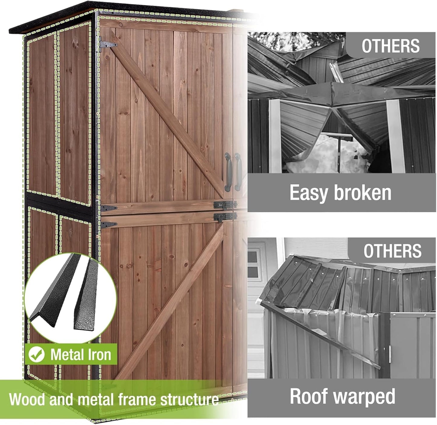 Outdoor Storage Shed Large Cabinet with Strong Metal Frame,Wooden Tool House with Adjustable Shelfs, House Garden Shed for Backyard Garden Patio Lawn