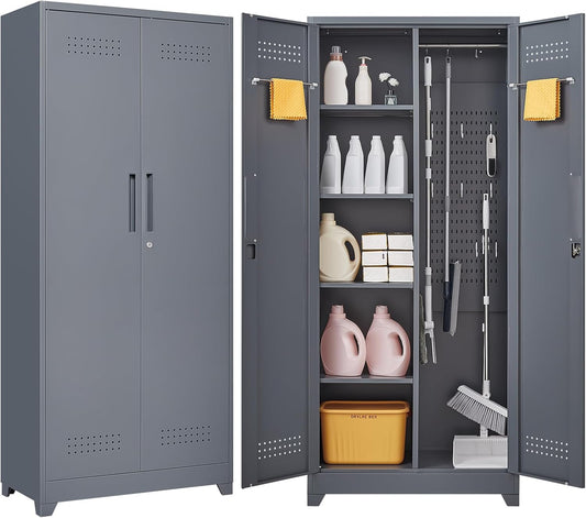 GREATMEET 72.8" Broom Storage Cabinet，Metal Storage Cabinets for Cleaning Supplies with Pegboard, Utility Closet, Broom Mop Cabinet, Grey