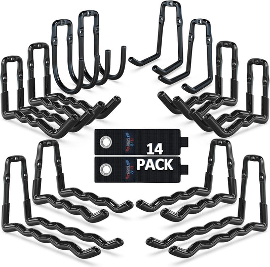 3-H Heavy Duty Garage Hooks 14 Pack, One-Piece Construction Garage Wall Hooks, Garage Hanger & Organizer Wall Mount for Ladders, Bikes, Chairs, WeedEaters, Shovels, Garden Tools (Black)