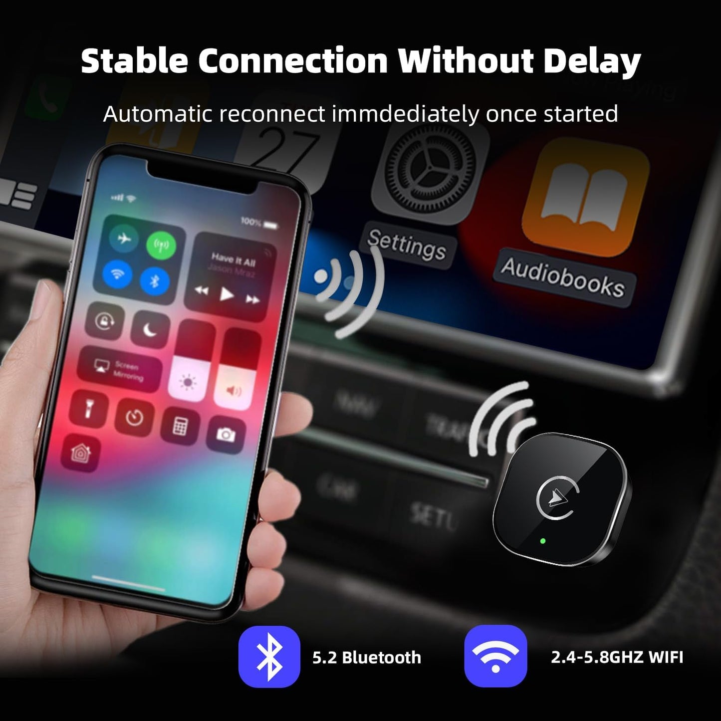 Wireless CarPlay Adapter for iPhone, Mini USB Design for Cars with Wired CarPlay, Fast Connection,5.8GHz WiFi,No Delay, Compatible with iOS 10+ & iPhone 6+, USB/Type C,Plug and Play (Black)