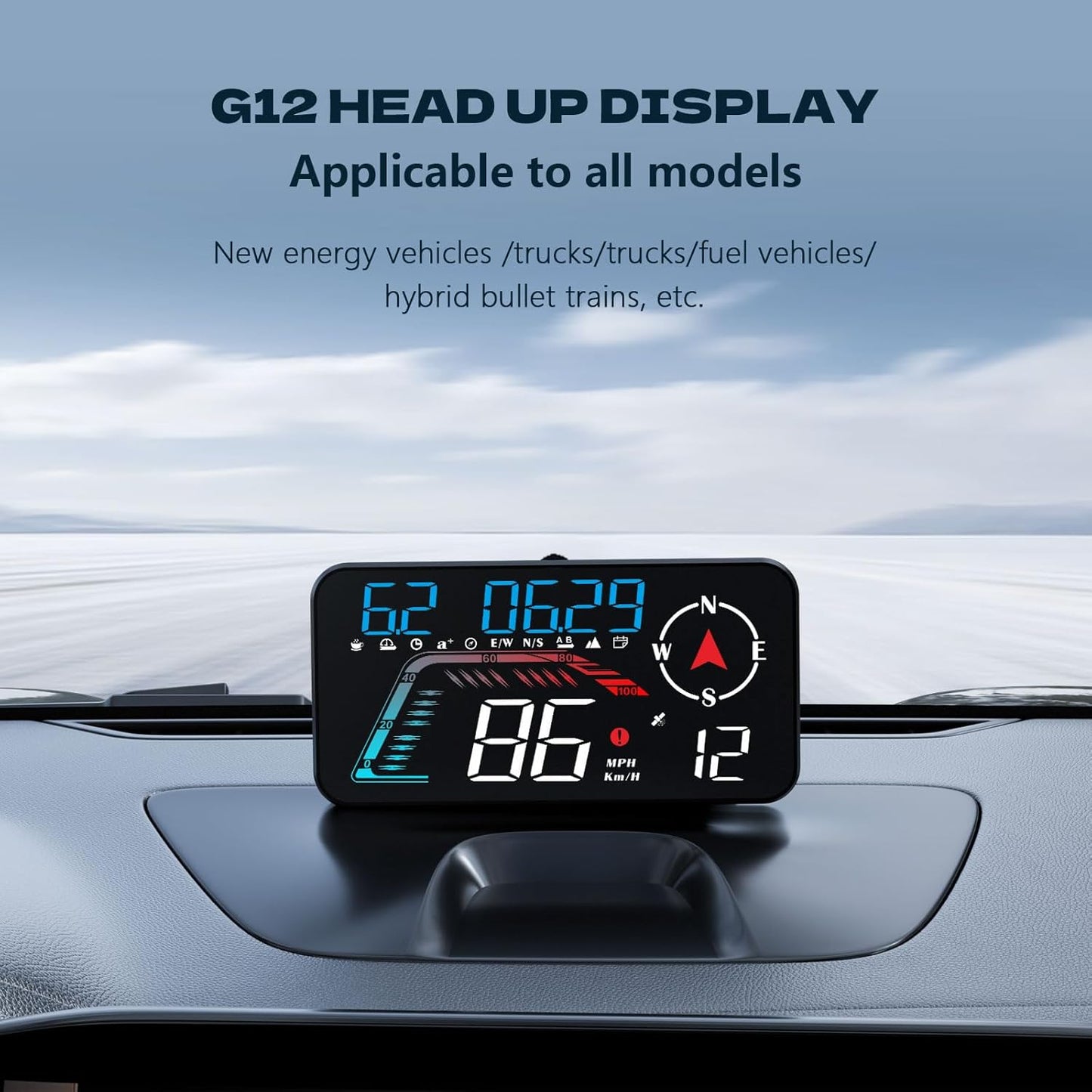 Hud Car Head Up Display G12 with HD LED Display for All Speedometer for All Speedometer Models, with Adaptive Light Sensing