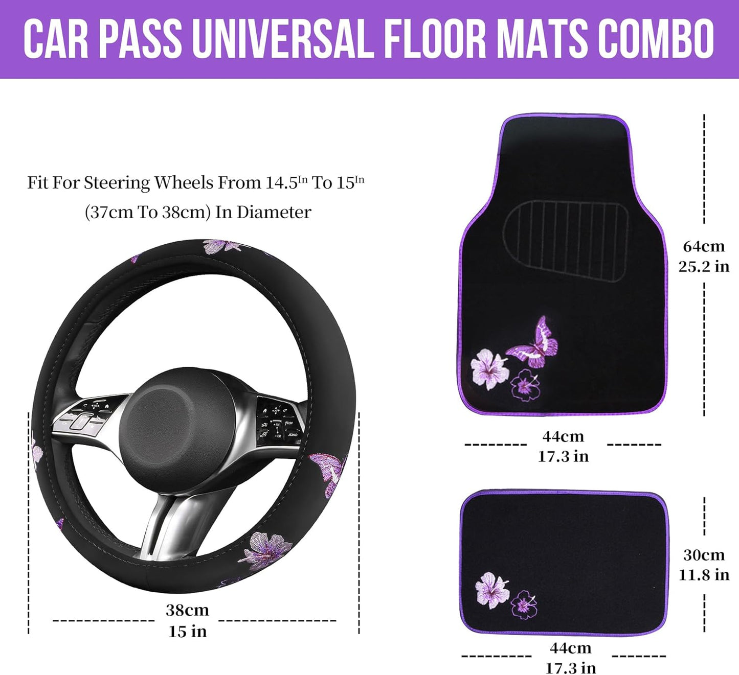 CAR PASS Butterfly Steering Wheel Cover and Waterproof Car Floor Mats,Purple Car Mats 14.5-15inch Steering Wheel Covers Universal Fit for Suvs,Sedans Cars,for Women Girl(Black and Purple)