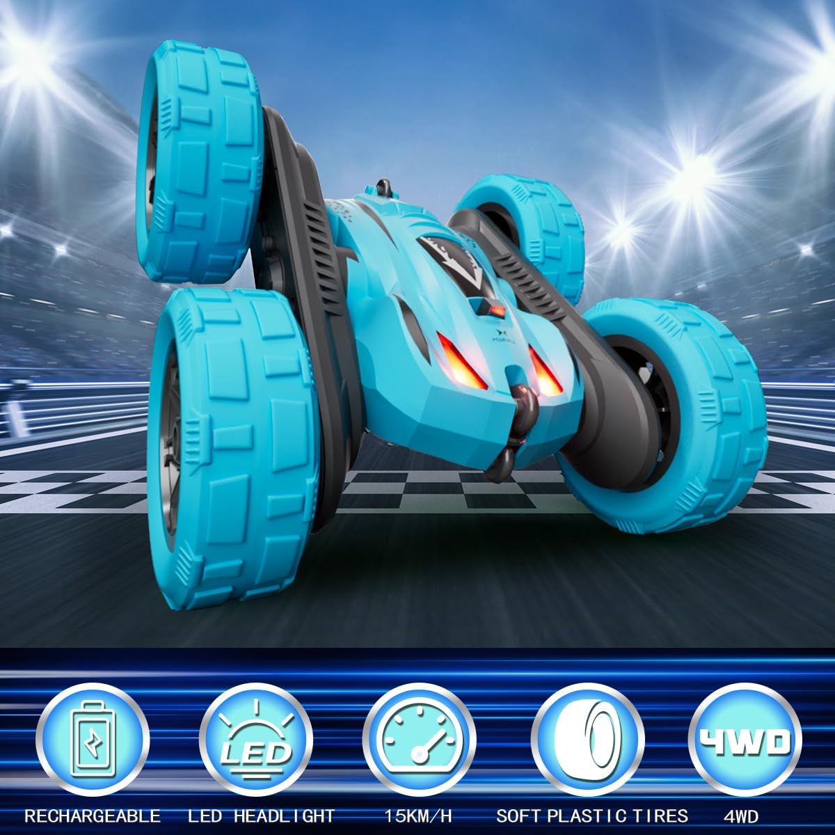 Remote Control Car for 6-12 Year Old Double Sided 360°Rotating 4WD RC Cars with Headlights 2.4GHz Rechargeable Electric Stunt Race Car Toy for Boys Girls Birthday Gifts(Blue)