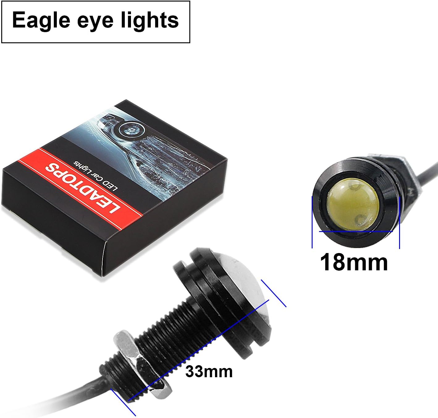 LEADTOPS 10Pcs 18mm 12V Eagle Eye LED Car Fog DRL Daytime Running Light Backup Reverse Tail Rock Lights Small bulb (Yellow, Black Case)
