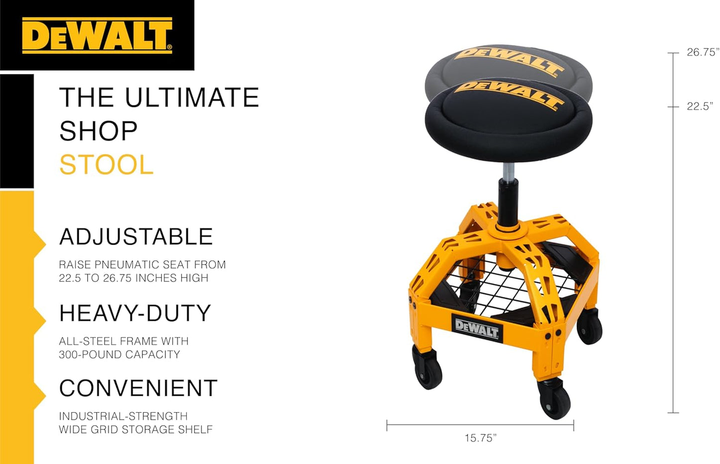 DEWALT Heavy-Duty Metal Rolling Stool for Shop or Garage, Padded 360-degree Swivel Seat, Durable Steel Frame, Adjustable