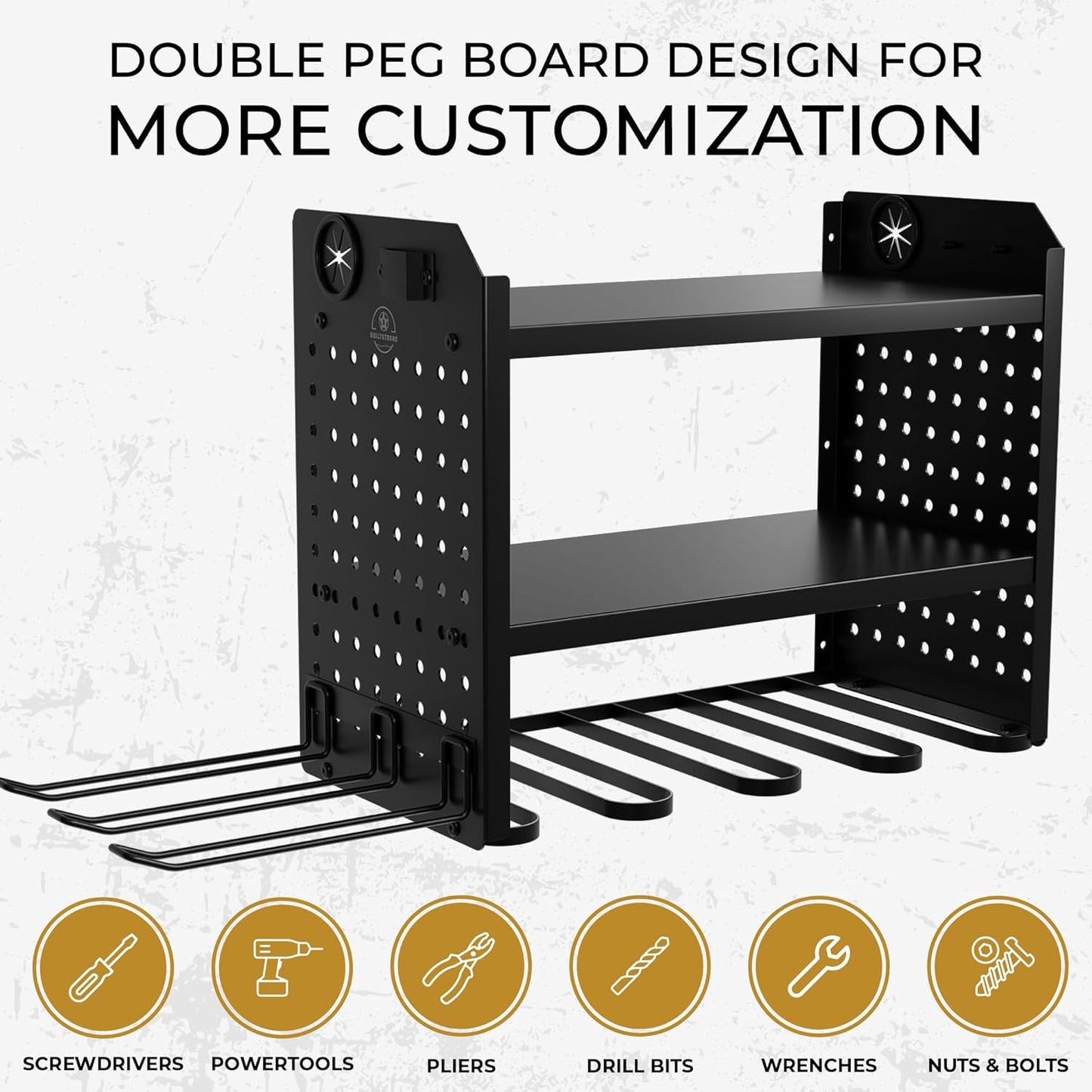 Power Tool Organizer-6 Drill Holder Wall Mount, 3 Tier Heavy-Duty Hand Tool Storage Rack, Utility Racks, Drill Holder, 2 Pegboard Sides - Garage Storage Cordless Tool Organizer (Black)