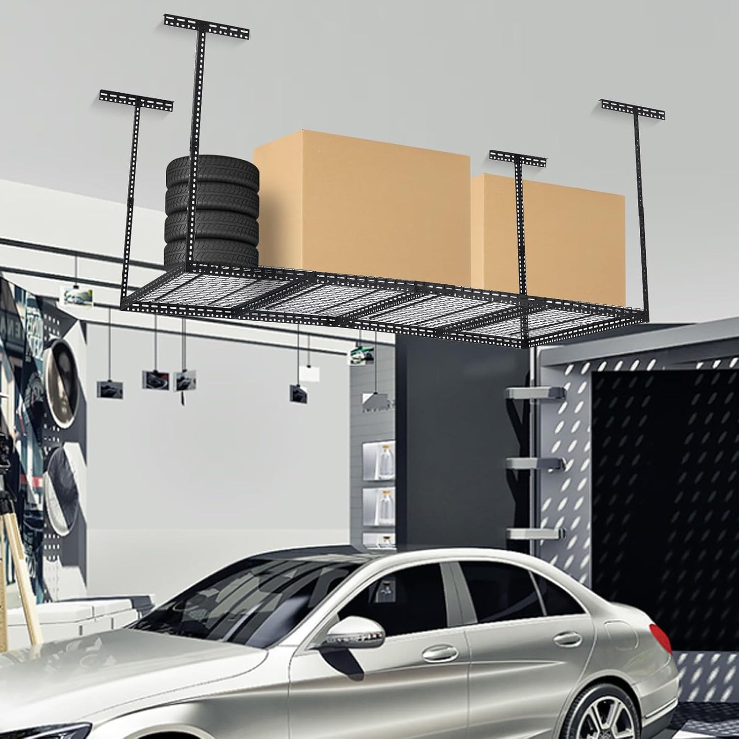 4x8 FT Overhead Garage Storage Rack, Steel Ceiling Storage Rack for Garage, Height Adjustable 22''-40", Heavy Duty 330 lbs Weight Capacity Storage Organizer System, for Basement Warehouse