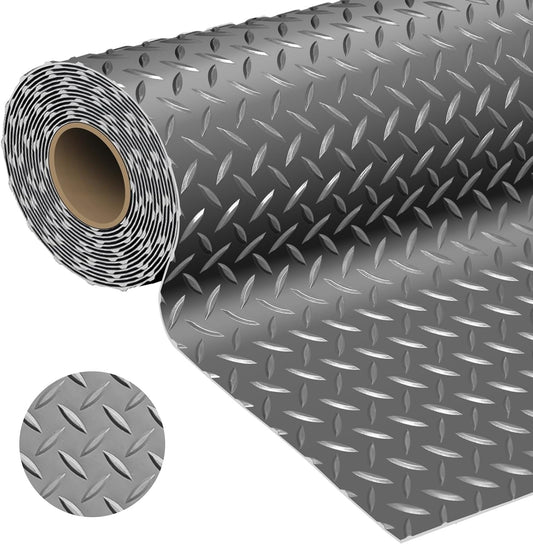 Garage Floor Mat 2.8mm Thickness PVC Garage Flooring Roll Diamond Plate Floor Mats for Garage, Workshop, Gym, Golf Cart Parking or Trailers (Grey, 7.5 x 17 FT)
