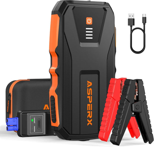 ASPERX 3000A Jump Starter for Car Battery, 12V Portable Jump Box with LED Light & Smart Jumper Cables, BMS for Up to 10.0L Gas or 8.0L Diesel Engines