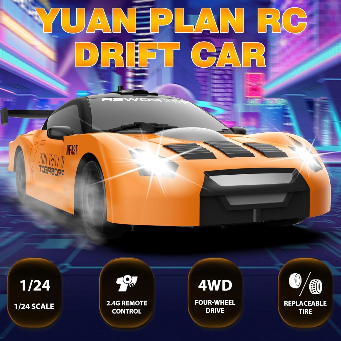 RC Drift Car 1/24 2.4GHz Remote Control Car 4WD High Speed Drifting RC Cars with LED Light and Drift Tires Racing Toy Cars for Boys Girls Kids Adults (Orange)