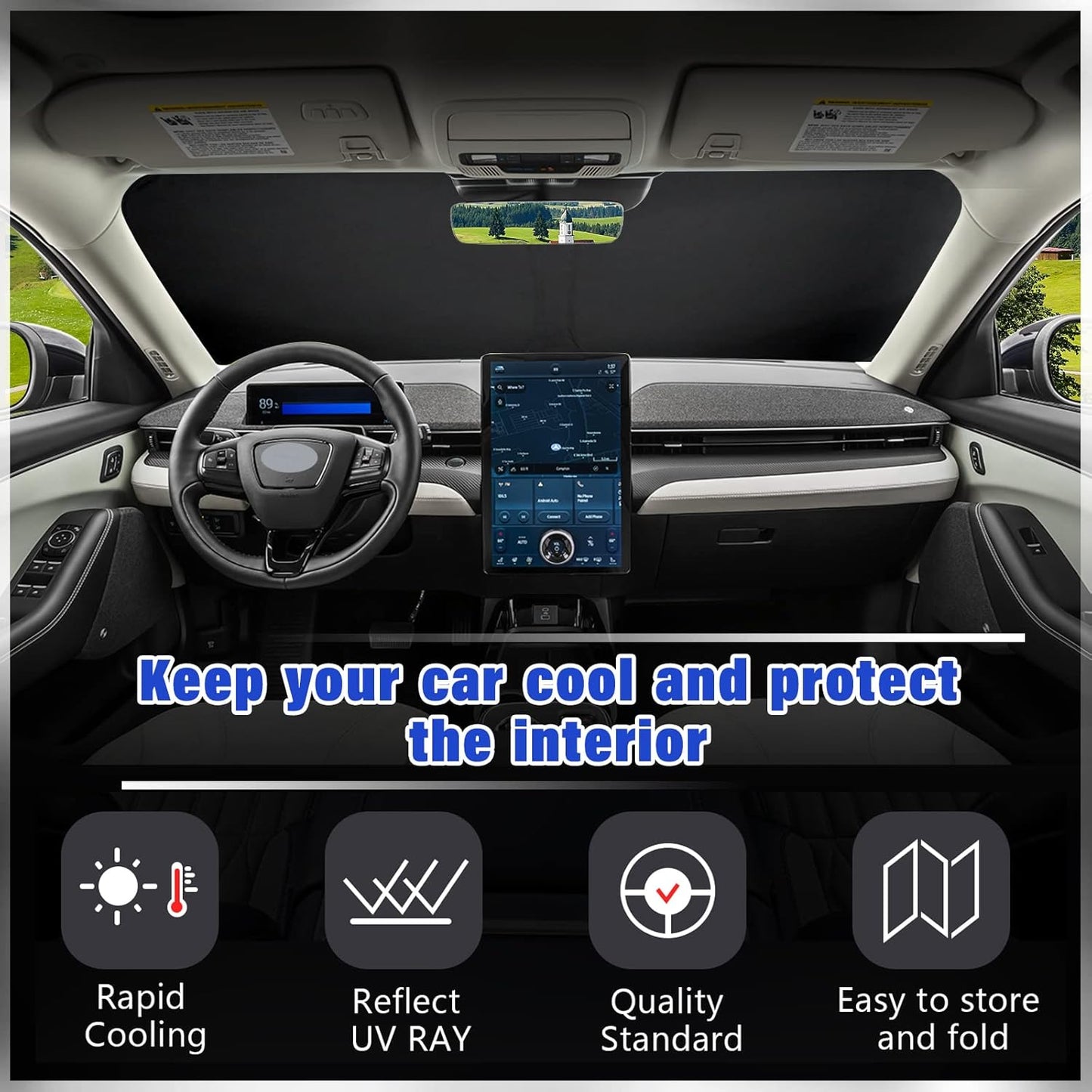 Sze Windshield Sunshade for 2021-2022 2023 2024 2025 Ford Mustang Mach-E, Foldable Front Window Sun Shade UV Reflector Sun Visor Privacy Protection Light Weight Keep Vehicle Cool-New Upgrade Sunshade