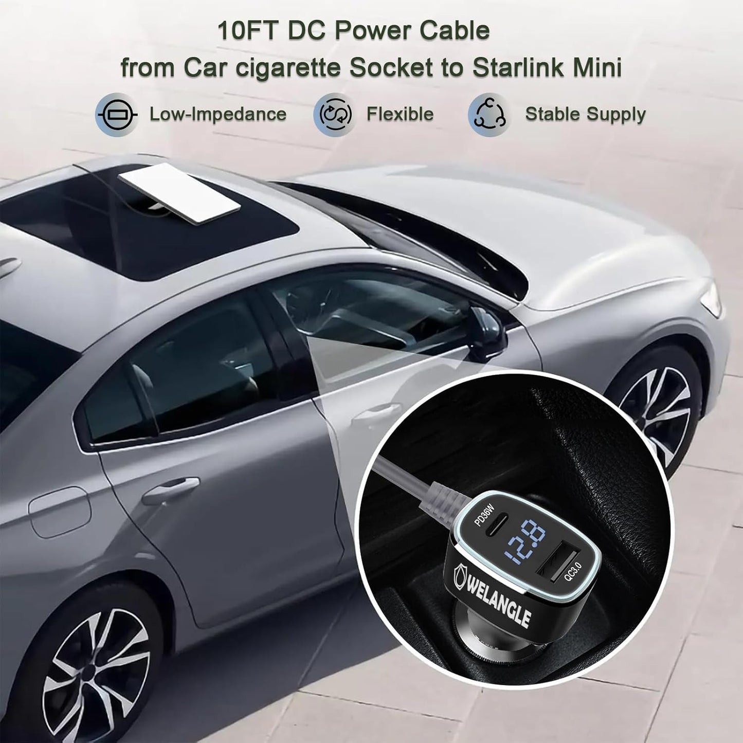 3 in 1 Car Power Cable for Starlink Mini Cigarette Lighter Adapter, Car Charger for Mini Starlink DC Power Cable with Digital Display, Durable & High Speed Charging USB A/USB C Port (3M/10FT)