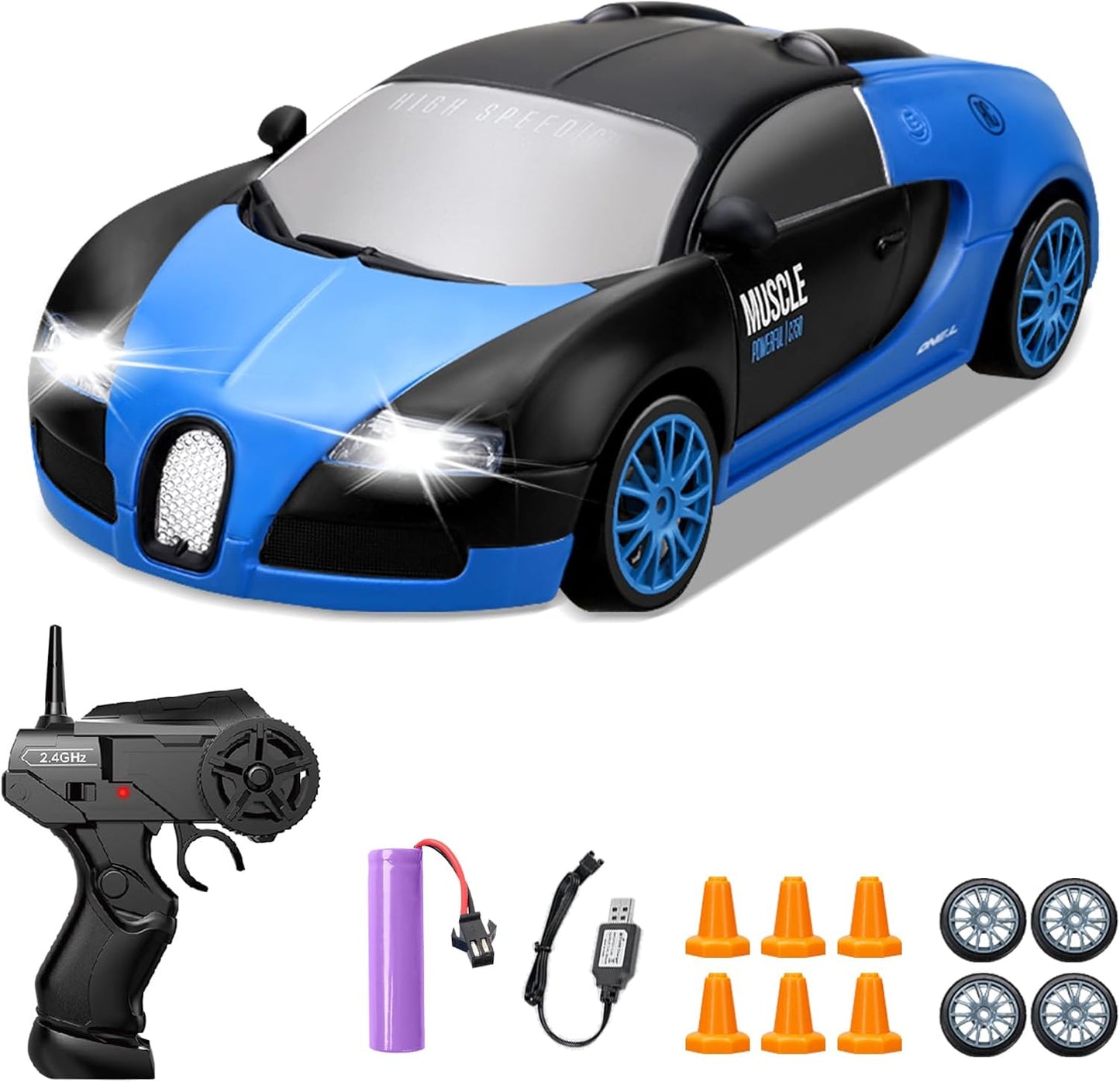 RC Drift Car, 1:24 4WD Drifting RC Cars 2.4GHz High Speed Remote Control Car with LED Light and Drift Tires Racing Toy Cars for Kids Boys Girls Adults, Blue