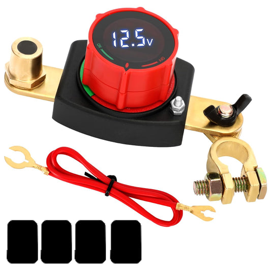 Top Post Battery Disconnect Switch with Voltmeter, DC 5-60V Battery Kill Switch Master Isolator On Off Kill Switch Power Cut/Shut Off Switch for Boat Car RV Truck Camper Trailer