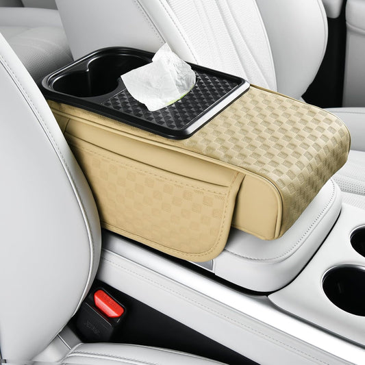 Car Center Console Cover, Armrest Cover for Storing Water Cups, Tissues, Cards, and Phones, 4-in-1 Center Cover with Soft Leather and High Resilience Memory Foam (Light Beige)