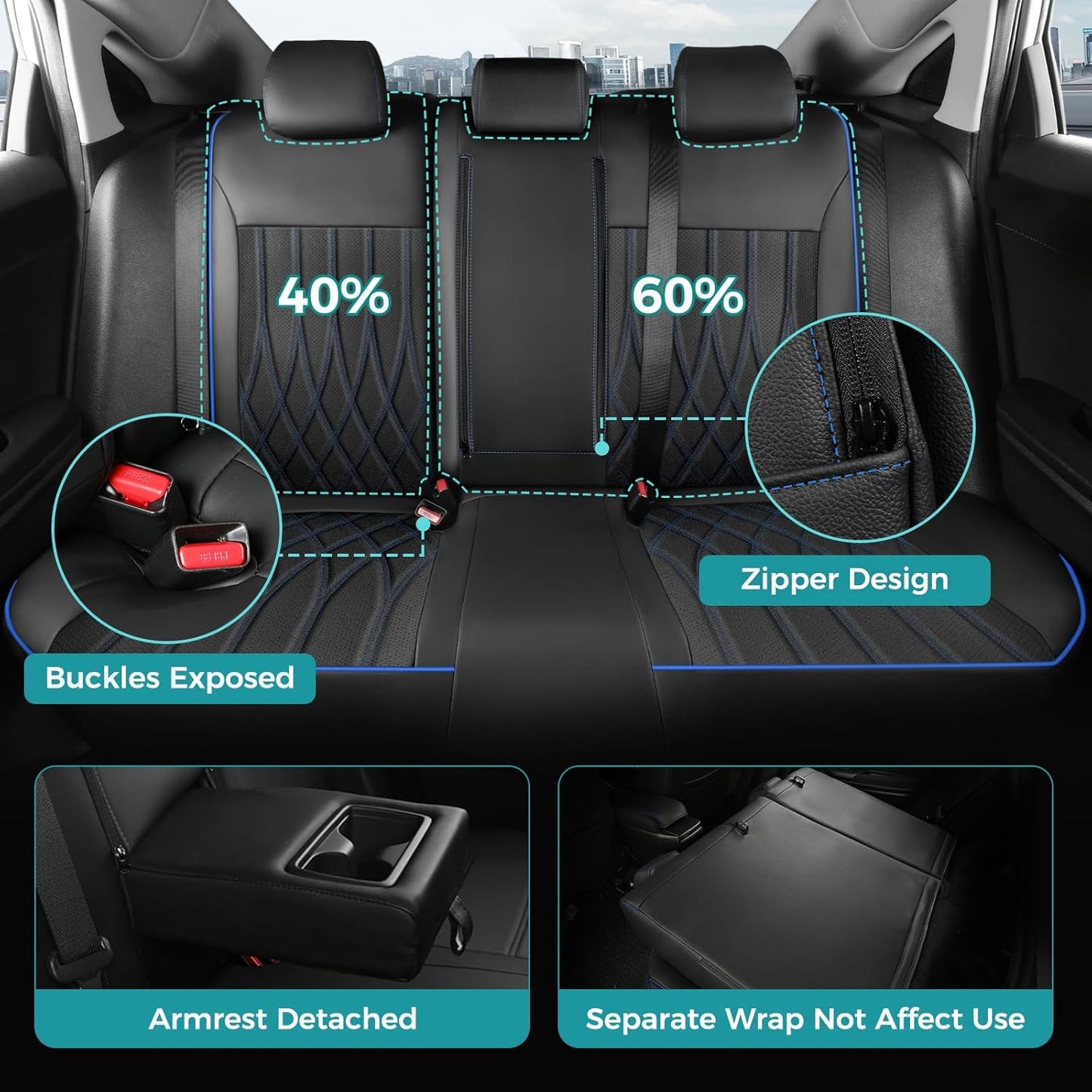 Seat Covers for Honda Civic Sedan 4DR Sedan EX 2022 2023 2024 2025.Faux Leather Car Seats Cover Full Set (Rear Row 40/60 Split & Folding Backrest)-BlackBlue