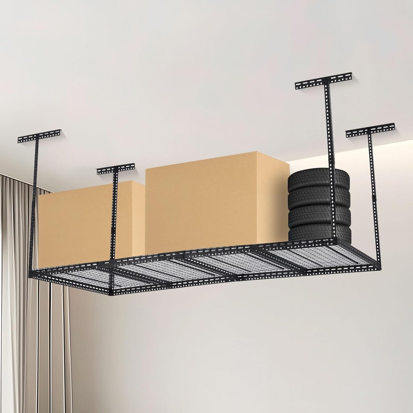 Overhead Garage Storage Rack 4x8 FT, Steel Ceiling Shelves 330lb Capacity, Height Adjustable 22-40 Inches, Space-Saving for Attic Basement Shed (Black, 4 Posts)