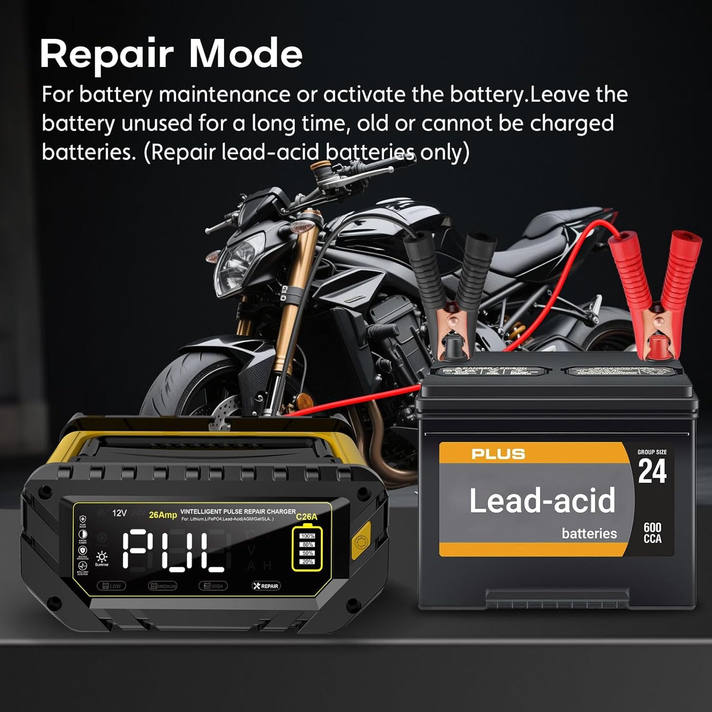 Battery Charger 0-26A 6V/12V/24V Lithium LiFePO4 Lead Acid, Fully Automatic Car Battery Maintainer, Smart Trickle Charger, Automotive w/Pulse Repair for AGM, STD, Gel, Deep Cycle Batteries ﻿