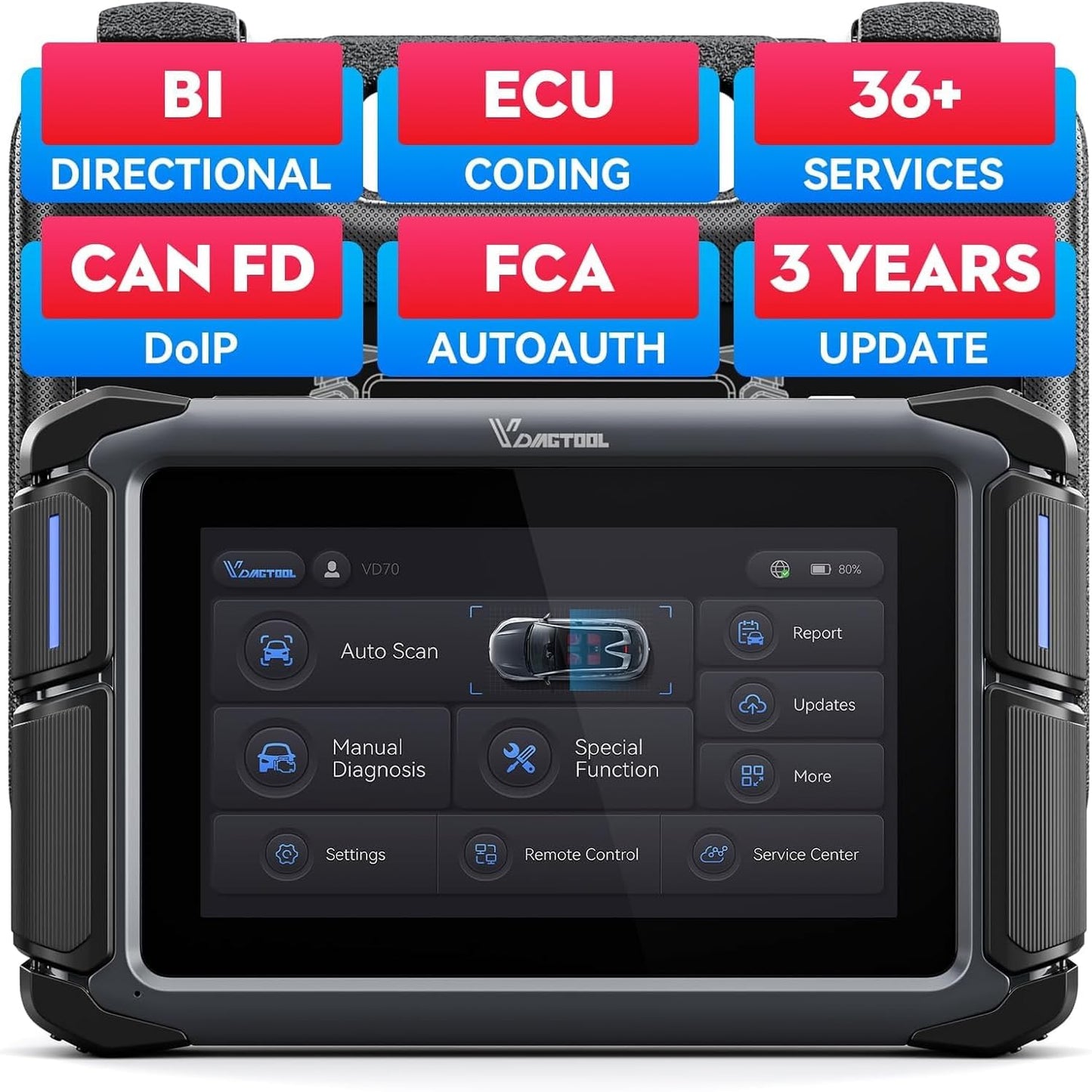VDIAGTOOL Bidirectional Scan Tool VD70, OBD2 Scanner Diagnostic Tool with ECU Coding, 36+ Resets, PMI, FCA AutoAuth, All System, CAN FD & DoIP, V.A.G. Guide, 3-Year Update