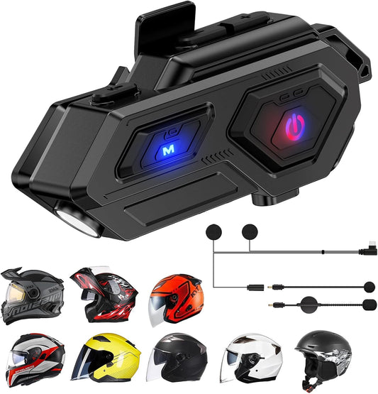 Motorcycle Bluetooth Headset, C8 Helmet Bluetooth Headset with 2 Type Mics, Hands-Free Call/Music/IPX6/Noise Cancellation/Wake Up Siri/Can Connect Two Mobile Phones, Motorcycle Helmet Speakers