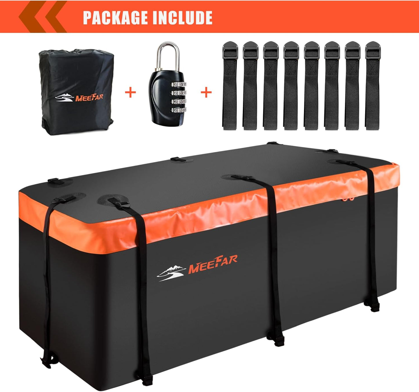 MeeFar Hitch Mount Cargo Carrier Bag Soft Shell 100% Waterproof 20 Cubic Feet (59" 24" 24") Include 8 Reinforced Straps for Truck Pickup All Vehicle with Steel Cargo Basket