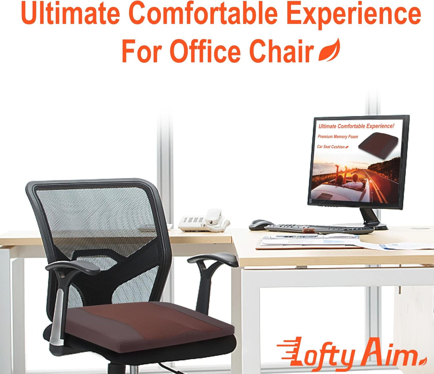 Car Seat Cushion, Comfort Memory Foam Car Cushions for Driving - Sciatica & Lower Back Pain Relief, Driver Seat Pillow for Auto, Office Chair, Wheelchair - Brown