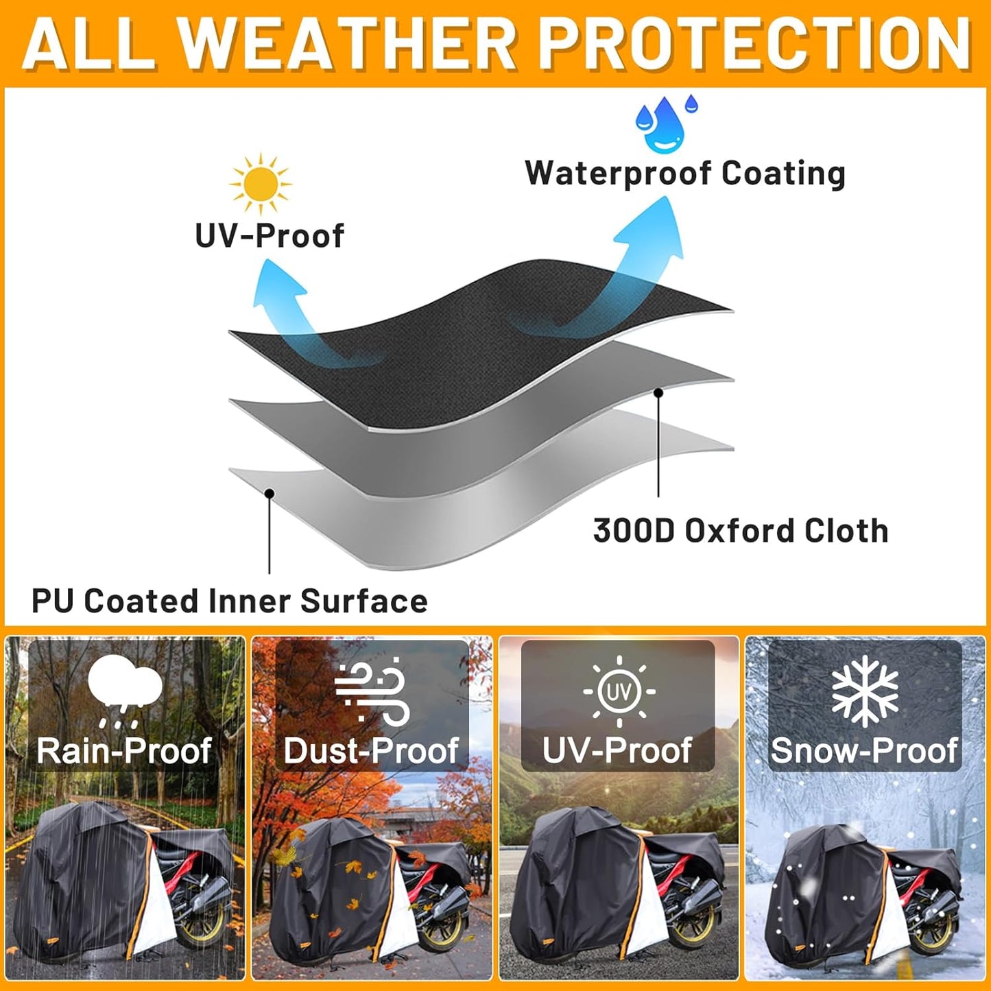 Motorcycle Cover,Waterproof Zipper Outdoor Cover for All Seasons Windproof, High Heat Resistance Dustproof and Rainproof Snowproof(Orange Zipper L Fits Up to 91 inch)