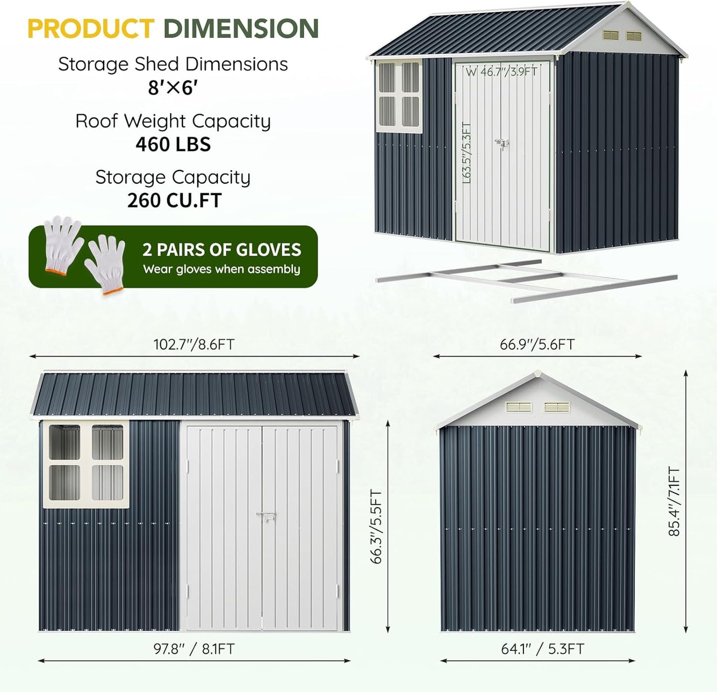 Breezz 6X8FT Outdoor Steel Storage Shed with Frame Floor,Clear Window, Lockable Doors, Weather-Resistant Metal Tool Shed for Garden, Backyard, Patio, and Utility Storage,Nightblue