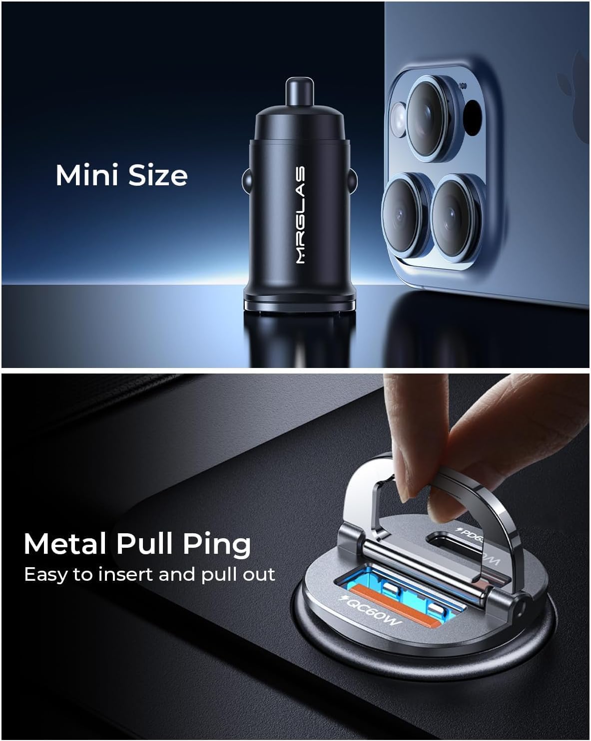 MRGLAS [2-Pack] 125W USB C Car Charger, Mini Metal USB C Car Adapter Fast Charging PD65W & QC60W Dual Port Type C Cigarette Lighter USB Charger for iPhone 16 15 14 Pro Max iPad Samsung MacBook