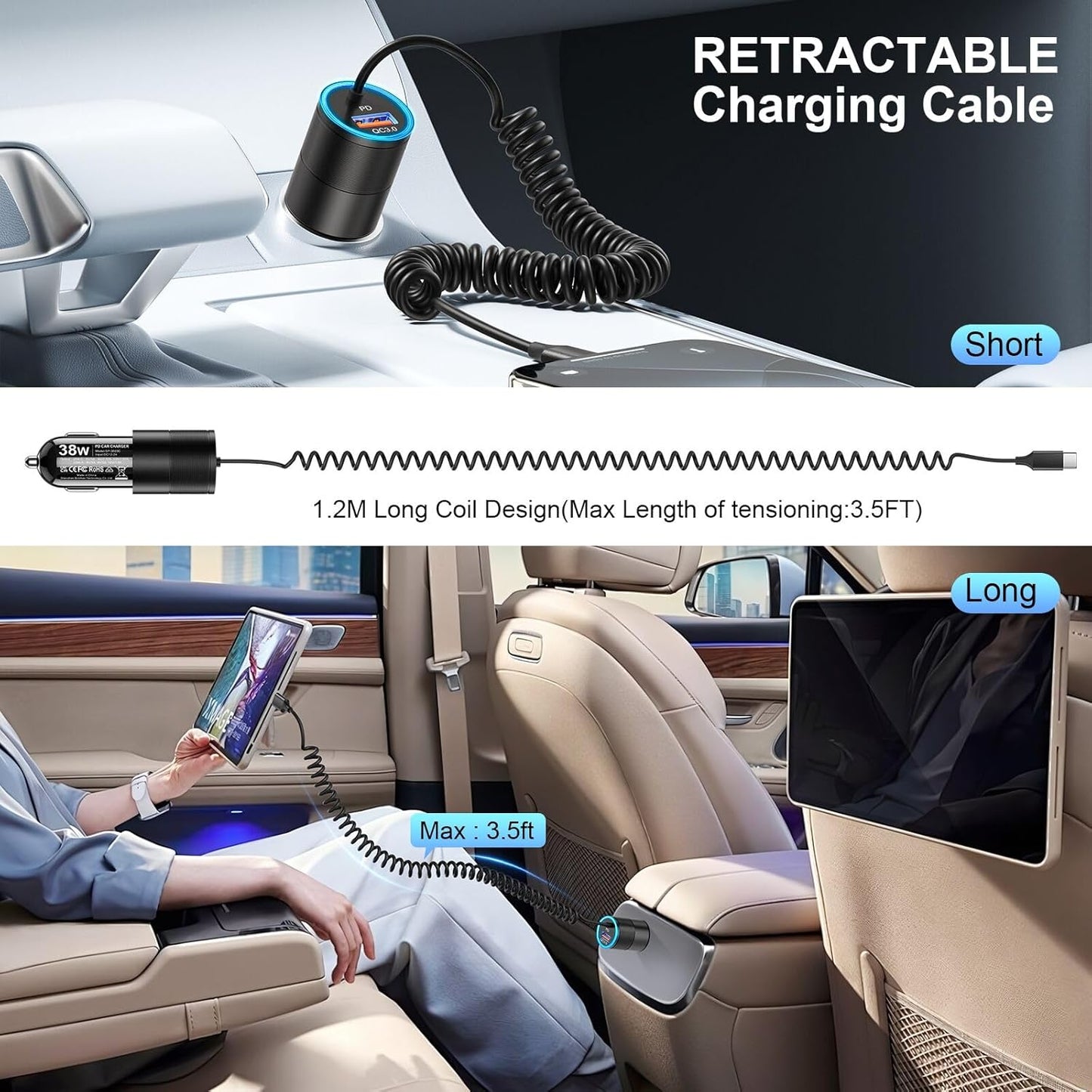 USB C Car Charger Fast Charge,2-Pack 38W PD 3.0 USB C Cigarette Lighter USB Charger with 3.5FT Type C Cable,Car Adapter Compatible with Samsung S25/S24/S23/S22 Ultra,iPhone 16 15 Pro Max SE,iPad,Pixel