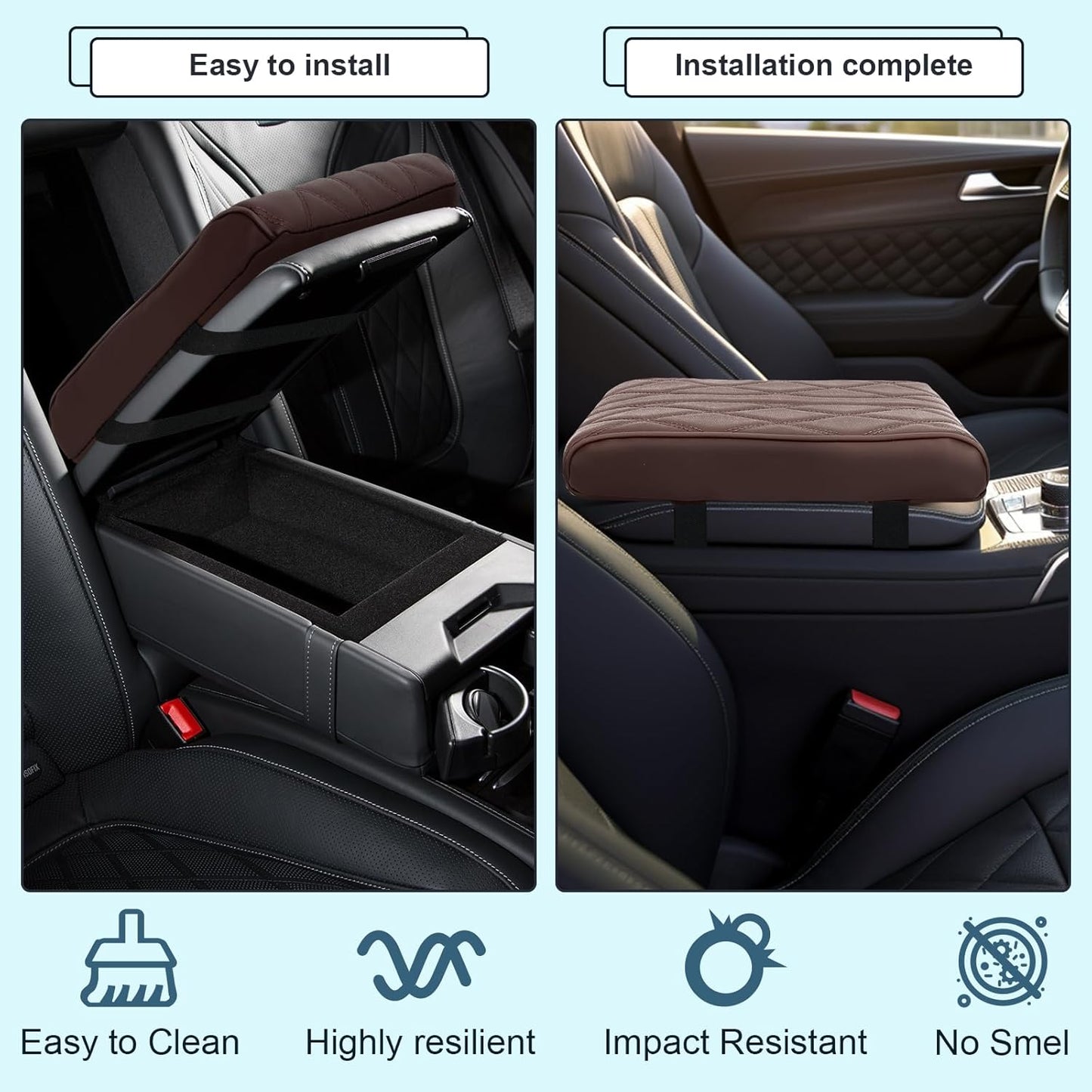 Memory Foam Car Armrest Cushion - Premium Leather Armrest Cover for Car, Comfortable Protection, Universal Fit Center Console Cover for Car, SUV, Sedan, Easy Installation (Brown)