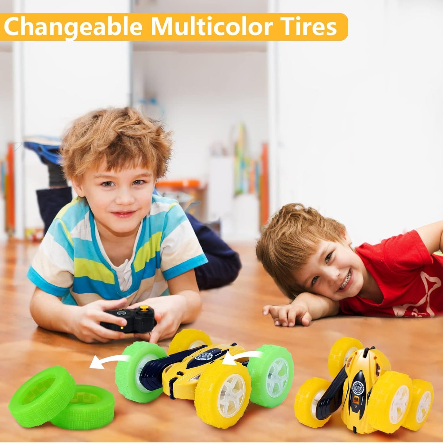 FREE TO FLY Remote Control Car for Boys 6-12: Kids Rc Stunt Car 2.4GHz Fast Race Car with Lights 4WD 360°Rotating RC Cars Toy Gifts Presents for Boys Girls Age 6 7 8 9 10 11 Year Old Yellow