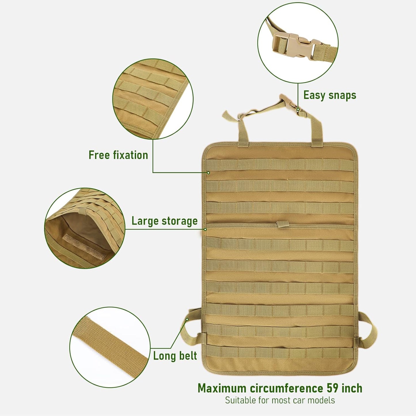 Universal Tactical Seat Back Organizer Vehicle Molle Panel Organizer Storage Bag with 5 Detachable Molle Pouch for All Vehicel Such as Jeep,Truck,SUV, Car, Ford,Chevy etc