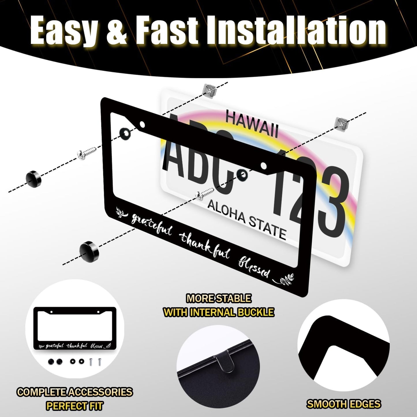 Thankful Grateful Blessed License Plate Frame Christian License Plate Holder Funny License Plate for Car Decoration Stainless Steel Belief Car Accessory with Screws 12.3" x 6.3"