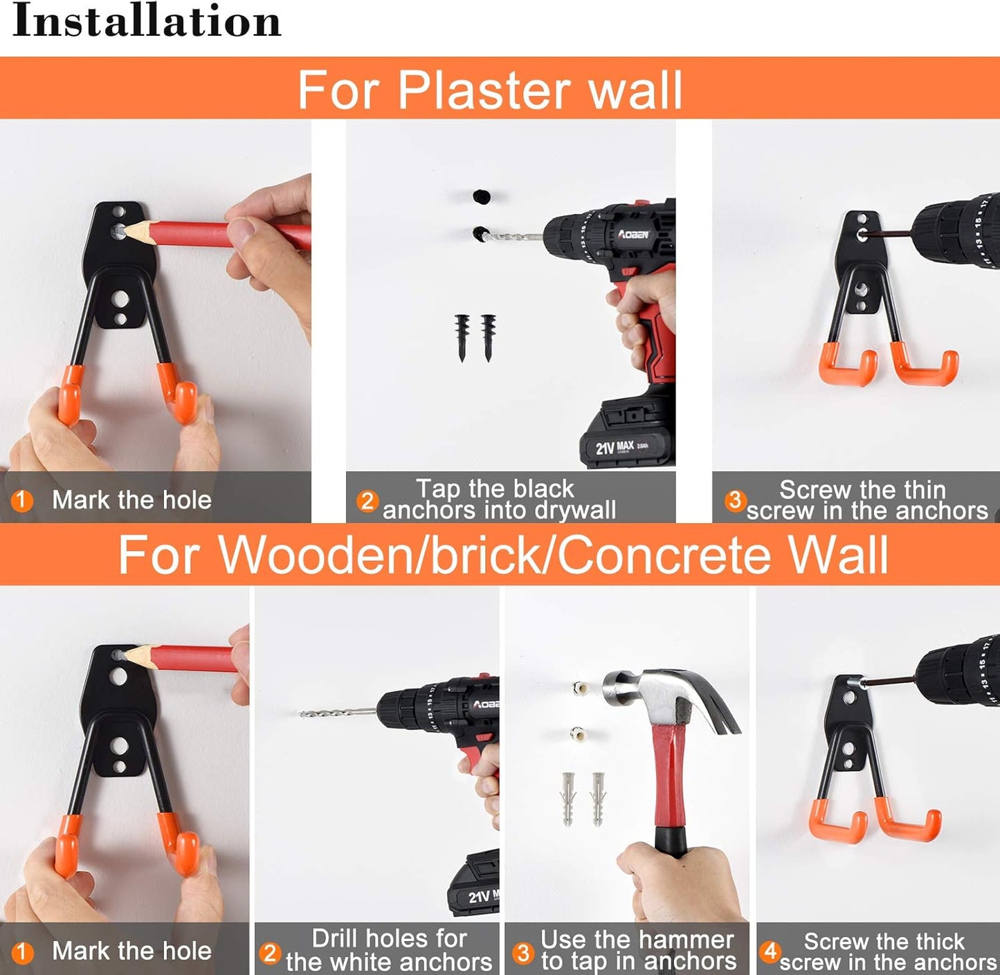 Aoben Heavy Duty Steel Garage Storage Hooks - Utility Tool Hangers and Combinable Wall Mount Hooks for Organizing Ladder, Hold Chairs, Heavy Tools (Large U, 10 Pack)