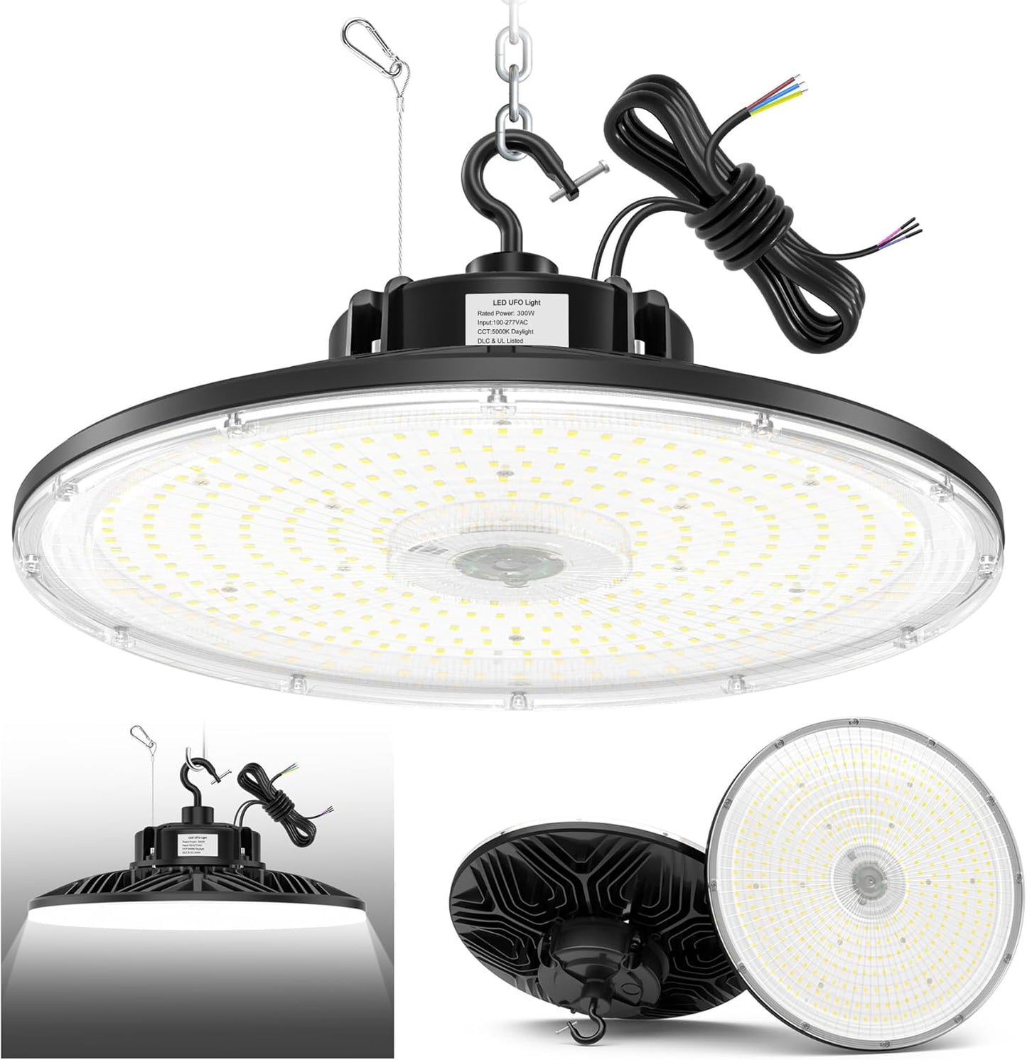 300W UFO LED High Bay Light 1-10V Dimmable, 5000K Daylight 42000LM, UL DLC Listed Low Bay LED Lights for Workshop Factory Warehouse, IP65 Waterproof Shop Lights Low Bay Lighting 100-277VAC Input