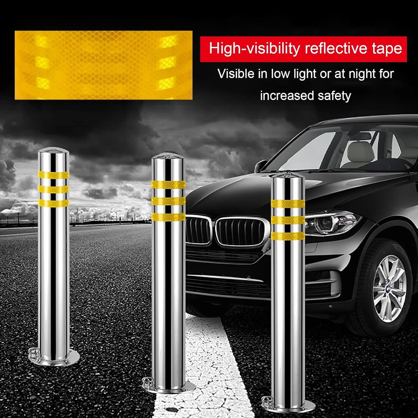 Stainless Steel Parking Bollards for Driveway, Industrial Safety Bollards Reflective Channelizer Post, Parking Barrier, Sturdy and Durable, Easy to Install, for Crowd Control(Silver (1pcs),7.6*60cm/3*